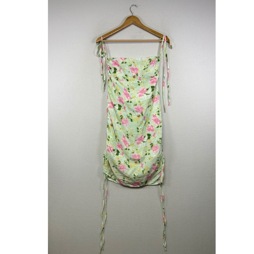 Cottagecore SNDYS Womens Med Mint Green Pink Floral Ruched Tie Strap Mini Dress